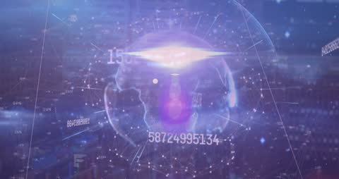 Futuristic Global Network with Spinning Digital Elements