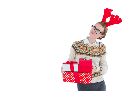 geeky hipster with reindeer antlers holding transparent holiday gifts - Download Free Stock Videos Pikwizard.com