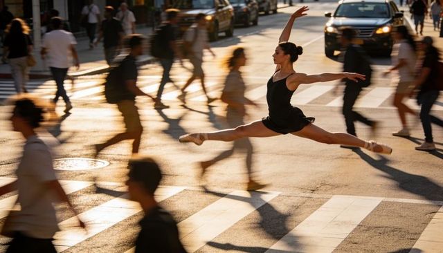 Ballerina performing grand jeté across sunlit city crosswalk amid urban rush hour