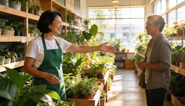 Sunlit greenhouse employee welcoming customer among lush potted plants and wooden shelves