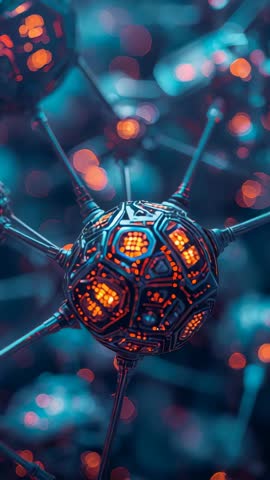 Rotating Futuristic Orb Node Pulsing Orange Grid Network in Teal CGI Vertical Motion Clip