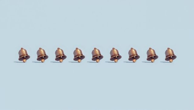 Shimmering bronze bells ringing in minimalist row on pale blue backdrop with soft shadows