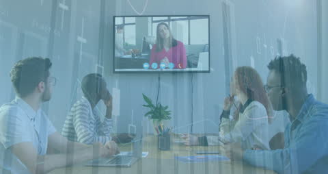 Diverse Team Engaged in Virtual Strategy Meeting with Analytics