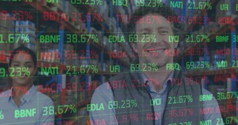 Financial data overlay on warehouse workers symbolizing global shipping