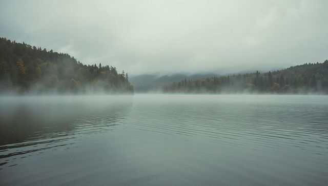 Mist-covered mountain lake with tranquil ripples at treeline