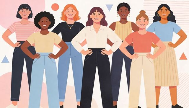 Confident multiracial women standing together hands on hips pastel flat vector artwork