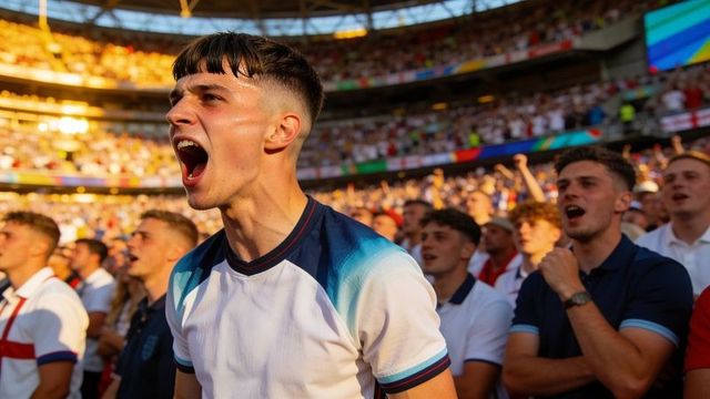 Passionate young fan shouting in crowded stadium during golden hour celebration
