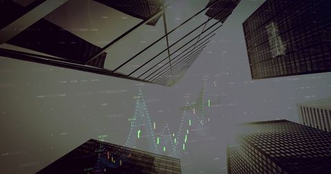 Digital financial data overlaying urban skyscrapers