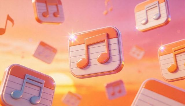 Glowing 3d music app icon floating in warm sunset gradient with sparkling bokeh