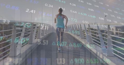 financial data overlaid on woman running on bridge - Download Free Stock Images Pikwizard.com