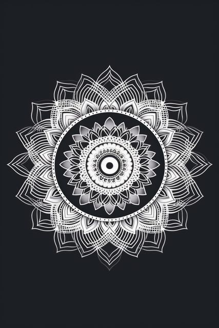White mandala design on black background, created using generative ai technology. Colour, pattern, design, symbol and spirituality concept digitally generated image.
