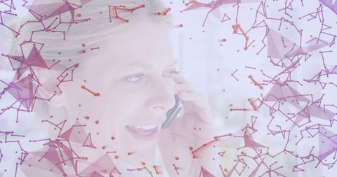 Mature blonde woman speaking on smartphone with abstract digital network overlay