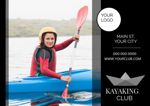 Smiling Woman Kayaking on Calm Lake Promotes Kayaking Club - Download Free Stock Templates Pikwizard.com