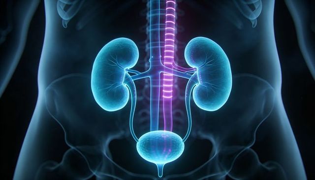 Showing 3D Urinary System with Glowing Kidneys, Ureters, Bladder and Spine