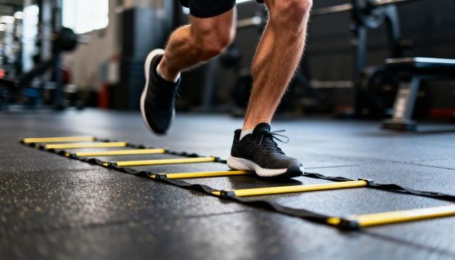Athlete performing agility ladder drill in gym focusing on footwork, speed, balance