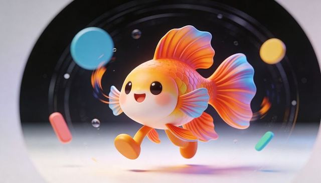 Gliding goldfish character on neon stage with floating discs, capsules and bubbles