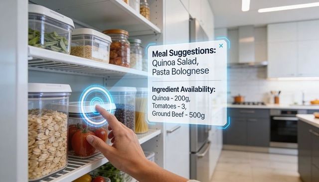 Hand selecting jar in smart pantry while augmented reality meal suggestions displaying