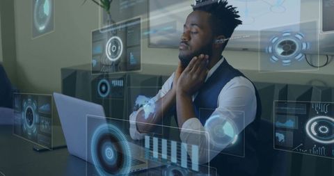 Professional Analyzing Holographic Data in Futuristic Office