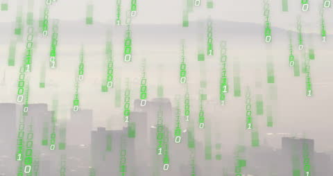 Binary Code and Digital Data Over Urban Skyline