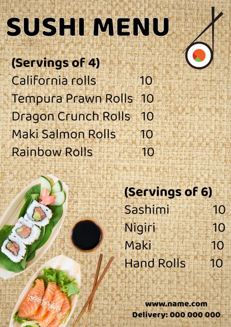 This elegant sushi menu features a clean design with a list of sushi options, prices, and contact information. Perfect for sushi restaurants, catering services, or special event menus. The menu includes different types of sushi rolls, sashimi, nigiri, maki, and hand rolls, displayed visually with a bamboo background and sushi-themed illustrations. Ideal for promotional materials, website displays, and customer handouts.