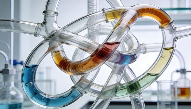Knotted glass tubing holding colored liquids abstract chemistry lab concept