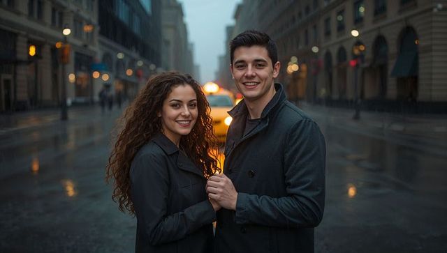 Romantic Cityscape: Couple Embracing Evening Glow on Rainy Street