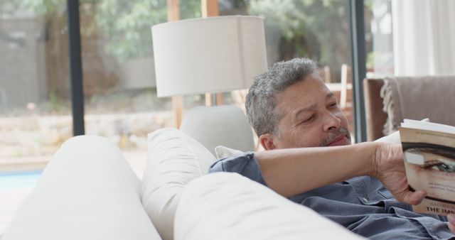 Relaxed Man Reading Book on Couch in Sunny Living Room - Download Free Stock Images Pikwizard.com