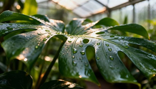 Sunlit monstera deliciosa leaf glistening with dew droplets in conservatory closeup