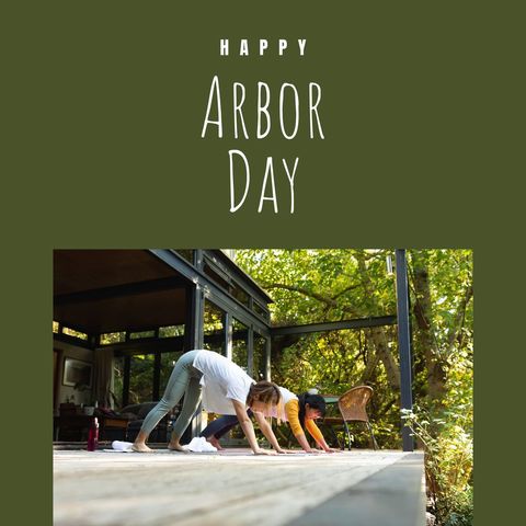 Happy Arbor Day Asian Mother and Daughter Yoga Outdoors