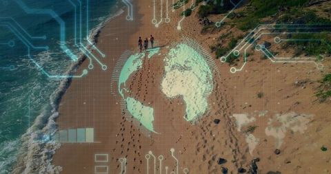 Five friends walking along shoreline with digital globe overlay, aerial beach tech concept