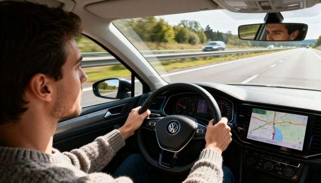 Young man driving volkswagen on highway using gps navigation display