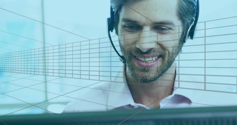 Smiling Customer Service Representative with Data Overlay