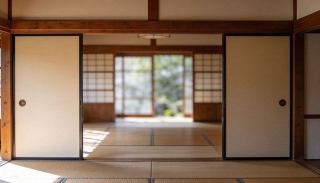 Sunlit japanese tatami room framing open fusuma and shoji doors with tranquil garden glow