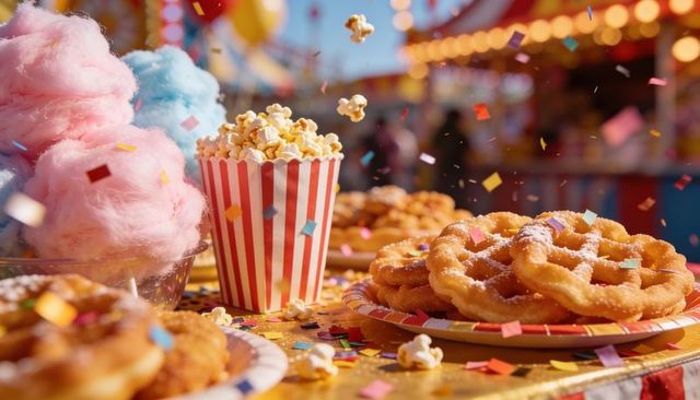 Striped Popcorn Tub Popping Over Carnival Table with Cotton Candy and Festive Funnel Cakes