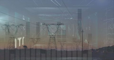 Mathematical Formulas Overlaid on High Voltage Towers at Sunset