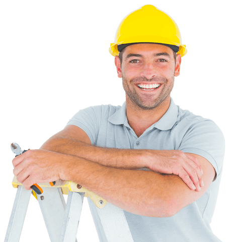 Smiling Repairman with Safety Helmet on Ladder in Transparent Background