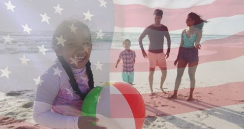 Happy family vacation with usa flag overlay at sunny beach