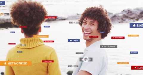 Friends Sharing Adventure with Floating Social Media Icons