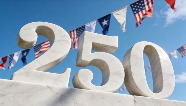Marble numerals 250 monument with american flag bunting celebrating patriotic event