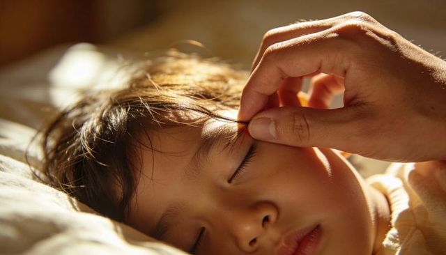 Sleeping toddler receiving gentle eyelash touch from caregiver on sunlit bed