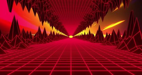 Futuristic neon grid tunnel with surreal light trails