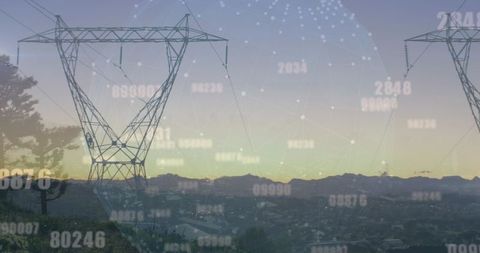 Lattice power tower at dusk with digital data overlay