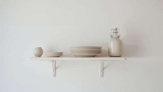 Minimalist kitchen shelf with neutral ceramic dishes and swing-top bottle on white wall