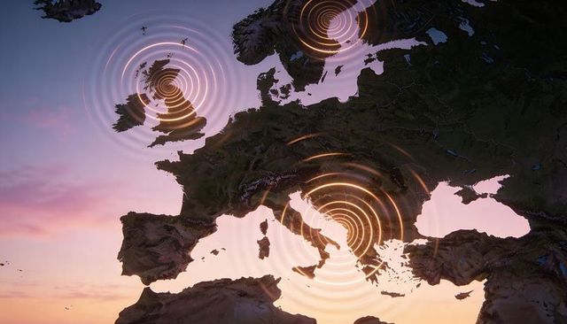 Displaying europe topographic map with radiating rings over britain norway italy at sunset