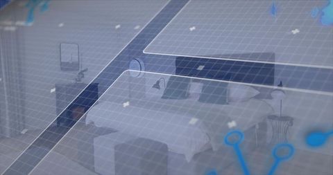 Augmented reality bedroom scanning hud mapping bed with futuristic grid interface