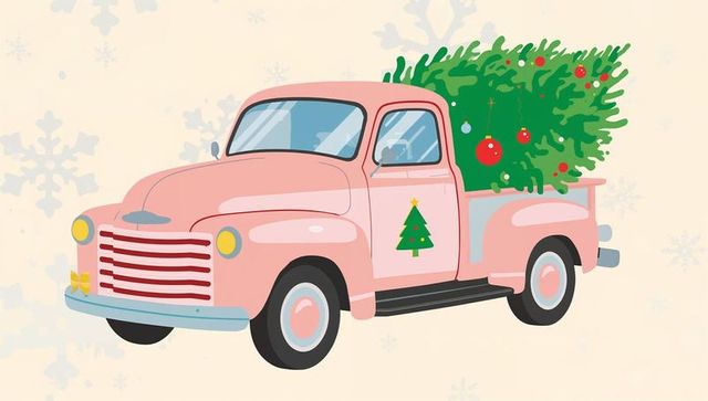 Driving retro pink pickup carrying decorated christmas tree with ornaments and bow
