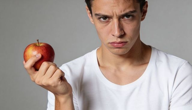 Young man holding red apple frowning and staring into camera minimalist studio headshot