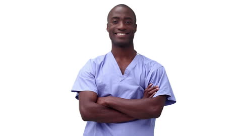 Confident Medical Professional Smiling in Blue Scrubs