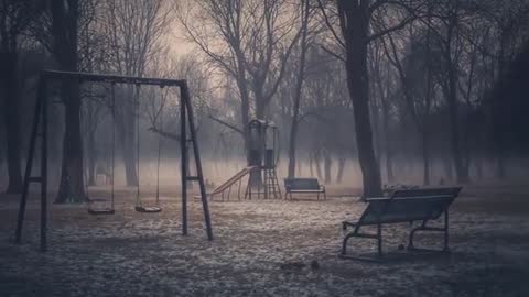 Fog-lingering winter playground footage with empty swings swaying and benches waiting