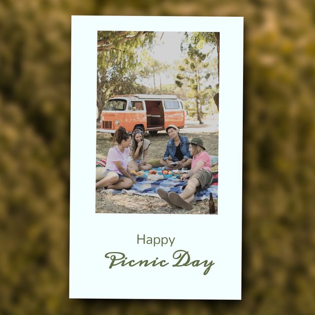 Friends Enjoying Picnic by Camper Van with Happy Picnic Day Text - Download Free Stock Templates Pikwizard.com